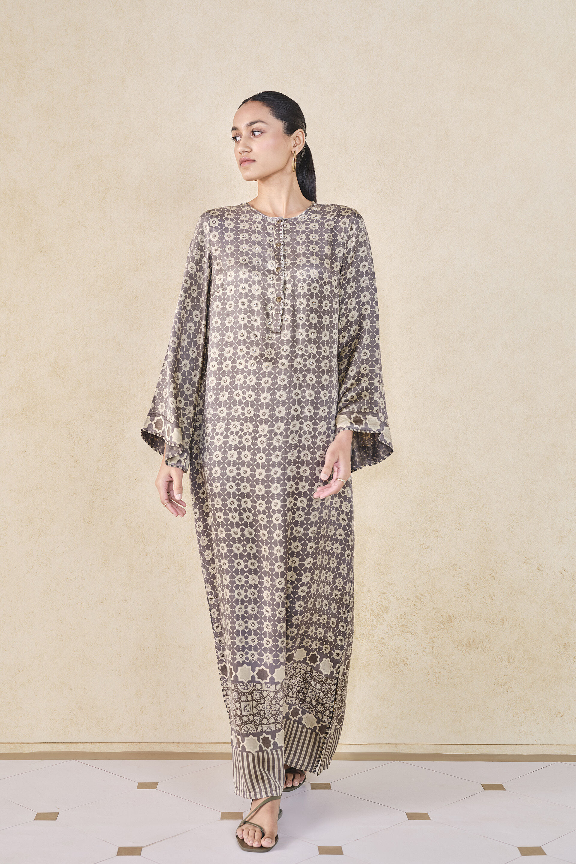 Sargassum Handcrafted Ajrakh Silk Kaftan - Grey